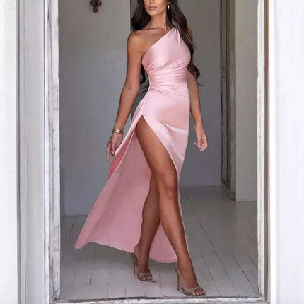 Sexy One - shoulder Backless Slit Dress Summer Elegant Slim - fit Solid Color Satin Dresses For Women - Royalessencelux