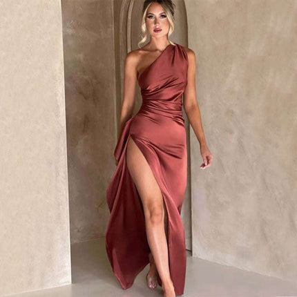 Sexy One - shoulder Backless Slit Dress Summer Elegant Slim - fit Solid Color Satin Dresses For Women - Royalessencelux