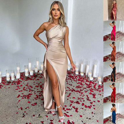 Sexy One - shoulder Backless Slit Dress Summer Elegant Slim - fit Solid Color Satin Dresses For Women - Royalessencelux