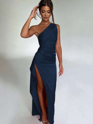 Sexy One - shoulder Backless Slit Dress Summer Elegant Slim - fit Solid Color Satin Dresses For Women - Royalessencelux