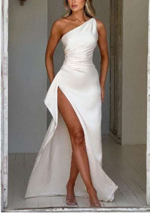 Sexy One - shoulder Backless Slit Dress Summer Elegant Slim - fit Solid Color Satin Dresses For Women - Royalessencelux