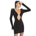 Black sexy rhinestone bandage long sleeve mini dress with sparkling rhinestones and a deep plunging neckline