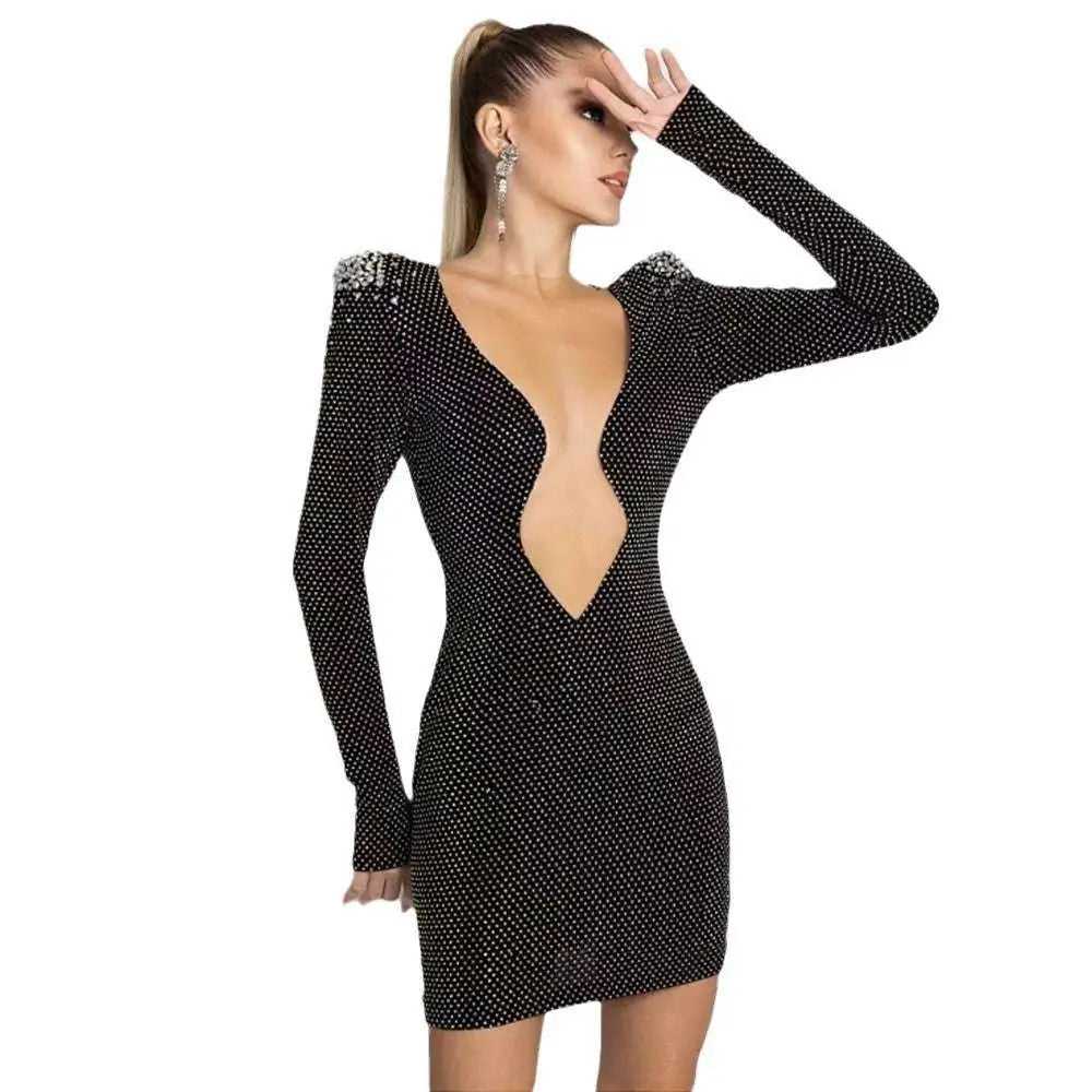 Black sexy rhinestone bandage long sleeve mini dress with sparkling rhinestones and a deep plunging neckline
