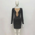 Black sexy rhinestone bandage long sleeve mini dress with sparkling rhinestones and sheer plunging neckline
