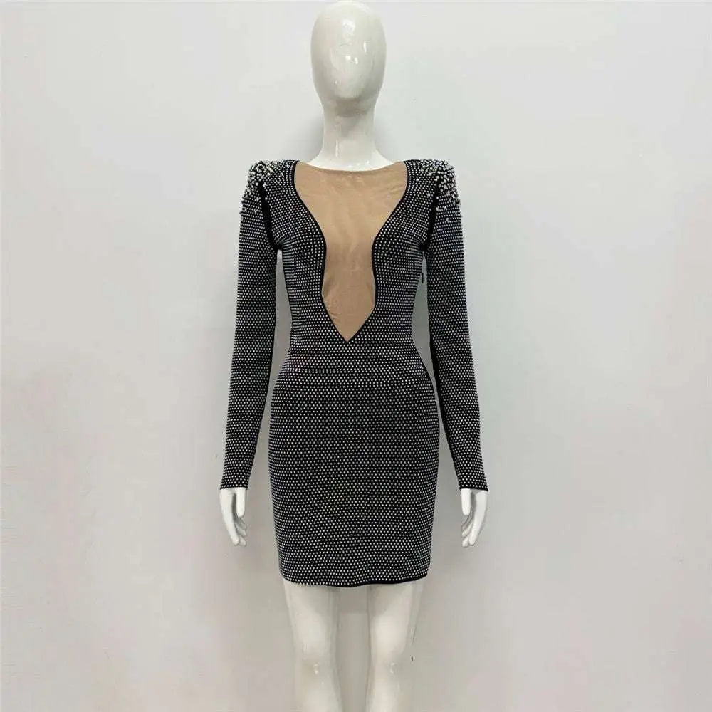 Black sexy rhinestone bandage long sleeve mini dress with sparkling rhinestones and sheer plunging neckline
