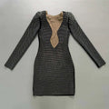Black sexy rhinestone bandage long sleeve mini dress featuring dense white rhinestones and a plunging neckline