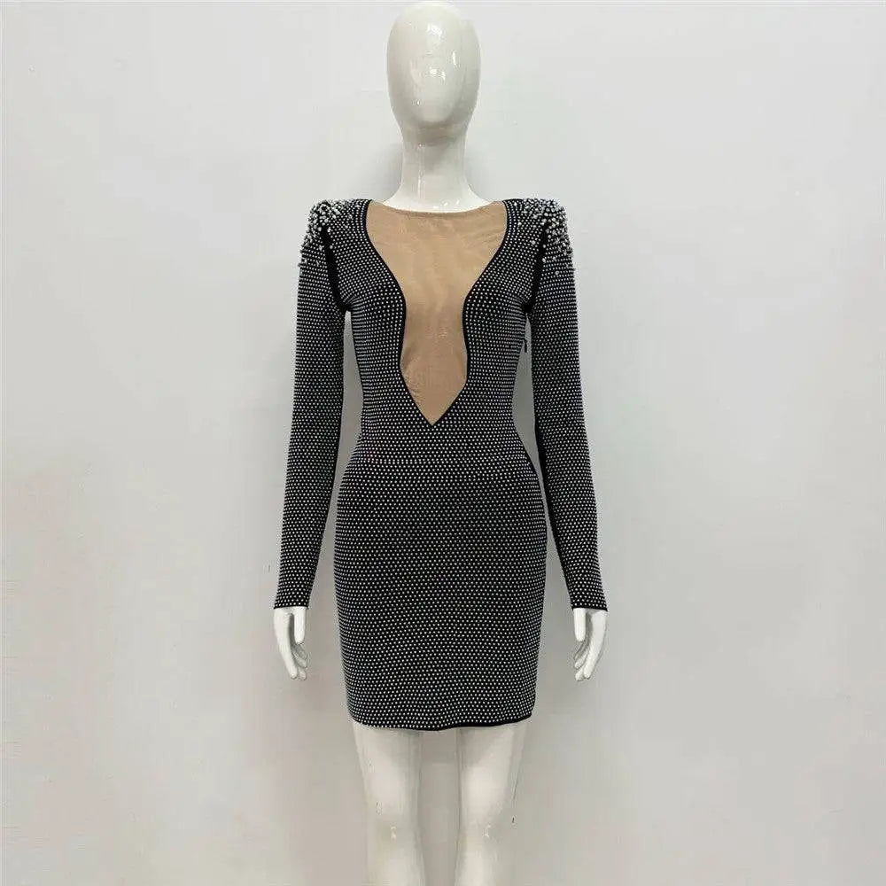 Black sexy rhinestone bandage long sleeve mini dress with sparkling rhinestones and a deep plunging neckline