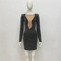 Black sexy rhinestone bandage long sleeve mini dress with sparkling rhinestones and sheer plunging neckline