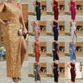 Golden sequined shoulder evening gown with sleeping beauty split and fitted silhouette for formal occasions