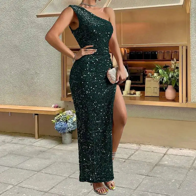 Golden sequined shoulder evening gown with sleeping beauty split and fitted silhouette for formal occasions
