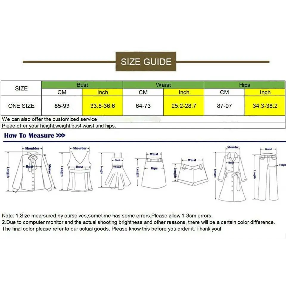 Size guide chart for a one-size-fits-most shiny rhinestone mesh performance leotard with measurements in cm and inches