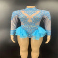 A shimmering light blue shiny rhinestone mesh performance leotard with beaded lace, sheer sleeves, and tulle skirt