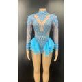 A shimmering light blue shiny rhinestone mesh performance leotard with intricate beading and layered tulle ruffles