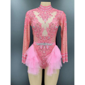 Pink sequined and beaded shiny rhinestone mesh performance leotard with sheer mesh bodice and layered tulle skirt