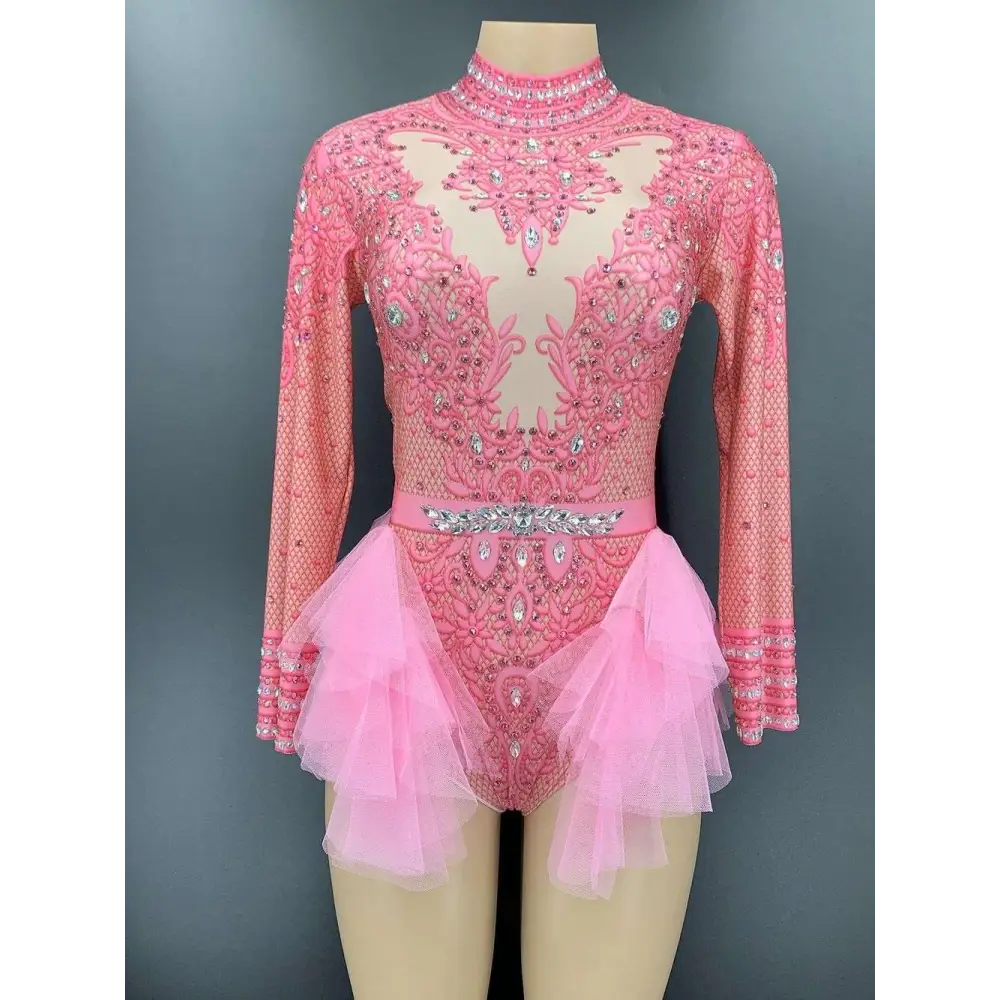 Pink sequined and beaded shiny rhinestone mesh performance leotard with sheer mesh bodice and layered tulle skirt