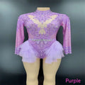 Lavender long-sleeved dance leotard with shiny rhinestone mesh, intricate lace, and layered tulle skirt for performance