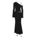 Black slim one-shoulder floral mermaid dress with long sleeves and gold butterfly embellishments at shoulder and waist