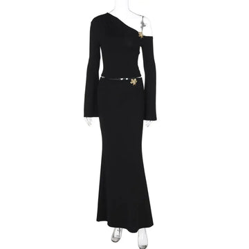 Black slim one-shoulder floral mermaid dress with long sleeves and gold butterfly embellishments at shoulder and waist