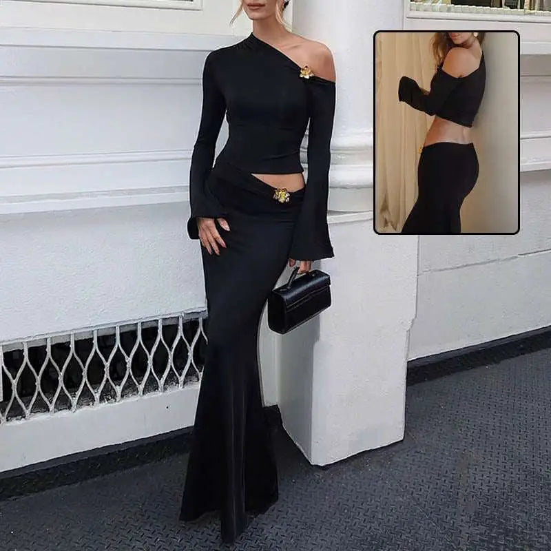 Black sexy slim oblique shoulder floral mermaid dress with gold floral embellishments at neckline and waistband