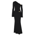 Black sexy slim oblique shoulder floral mermaid dress with gold butterfly embellishments at shoulder and waist