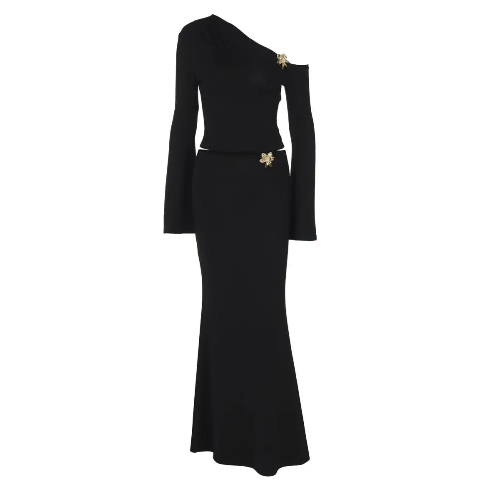 Black sexy slim oblique shoulder floral mermaid dress with gold butterfly embellishments at shoulder and waist