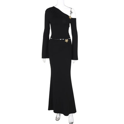 Sexy Slim Oblique Shoulder Skirt Suit With Flower Fashion Bell Sleeve Long Sleeve Top And High Waist Long Skirt Women Clothing - Royalessencelux