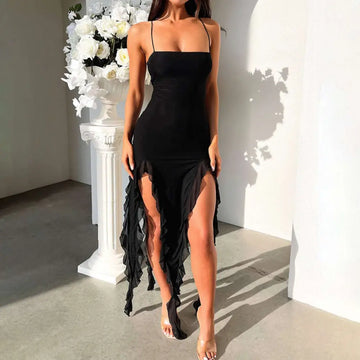 Black high-low ruffled dress with thin spaghetti straps featuring a sexy suspender tight slim skirt design and high slit