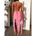 Pink sexy suspender tight dress with backless crisscross lace-up top and slim skirt design with ruffled asymmetrical skirt