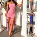 A pink sexy suspender tight dress with slim skirt design featuring a high slit and ruffled hem for elegant wear