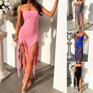 A pink sexy suspender tight dress with slim skirt design featuring a high slit and ruffled hem for elegant wear