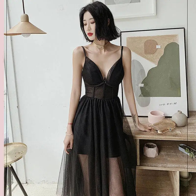 Black sexy suspenders gauze evening dress with sheer mesh overlay and corset-style bodice for formal occasions