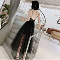 Black tulle midi sexy suspenders gauze evening dress with thin straps and sheer mesh overlay back panel visible