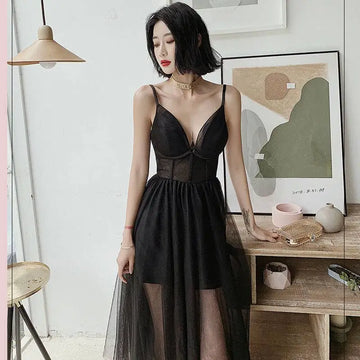 Black sheer mesh gauze evening dress with corset bodice featuring sexy suspenders for elegant occasions