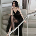 Black sheer mesh overlay sexy suspenders gauze evening dress with deep v-neckline and thin spaghetti straps