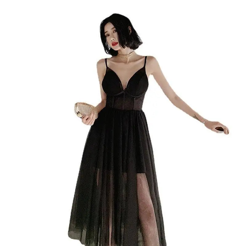 Elegant black sexy suspenders gauze evening dress with sheer mesh overlay, plunging neckline, and thin spaghetti straps