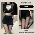 Black sexy underwear long sheer secretary suit featuring a sheer long sleeve top and high-waisted mini skirt