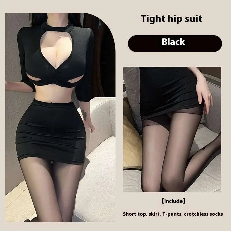 Black sexy underwear long sheer secretary suit featuring a sheer long sleeve top and high-waisted mini skirt