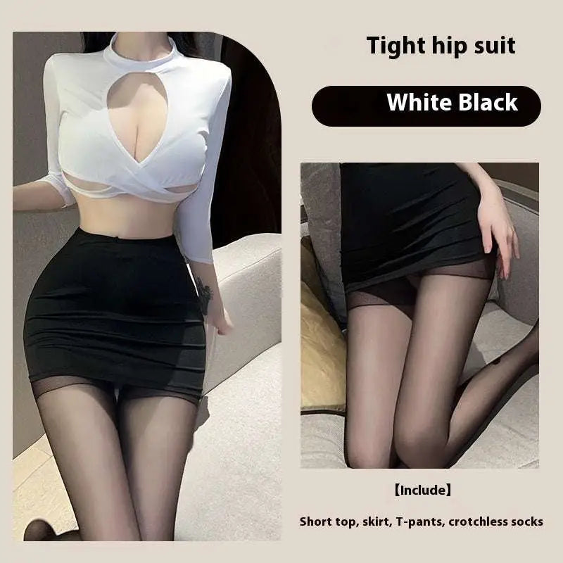 White and black tight hip suit set with high-necked cutout top and mini skirt in sexy underwear long sheer secretary suit style