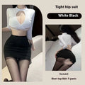 White and black tight hip suit with long sleeve crop top and high waist mini skirt in sexy underwear long sheer secretary suit style