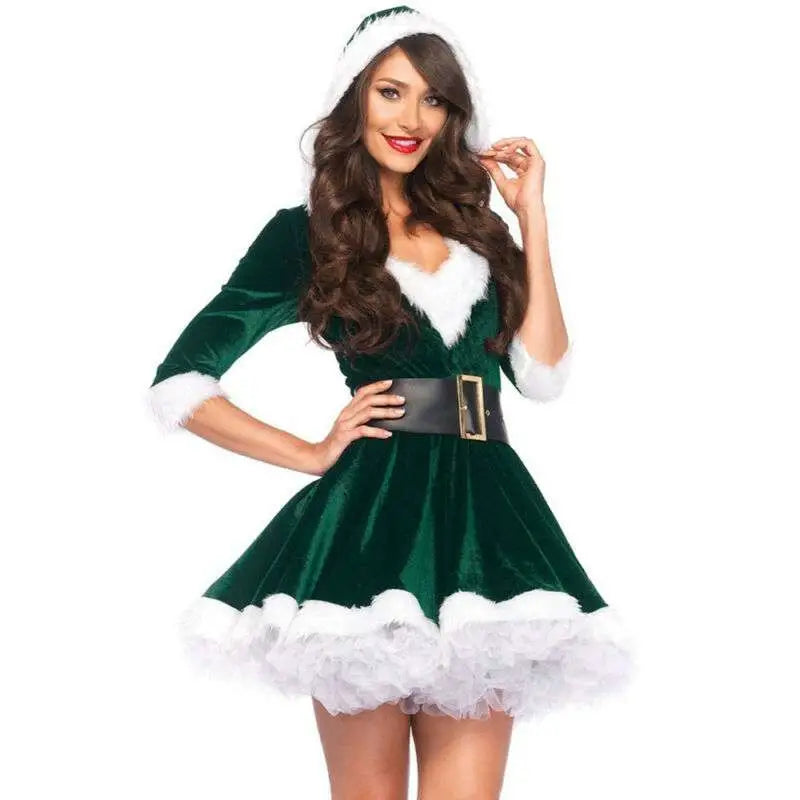 Sexy velvet women christmas dress in emerald green velvet with white fur trim and matching hood for festive wear