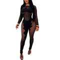 Black fishnet bodysuit with gold-trimmed cuffs and neckline for sexy womens club outfits black style