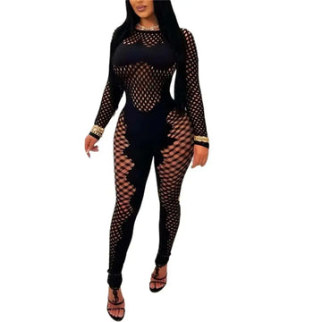 Black fishnet bodysuit with gold-trimmed cuffs and neckline for sexy womens club outfits black style