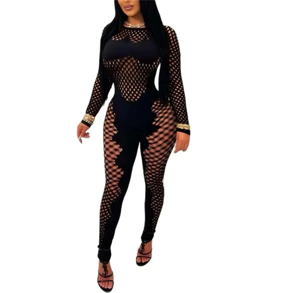 Black fishnet bodysuit with gold-trimmed cuffs and neckline for sexy womens club outfits black style