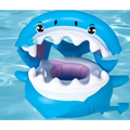 Blue inflatable shark seat swimming ring with white teeth and purple inner seat featuring a protective awning
