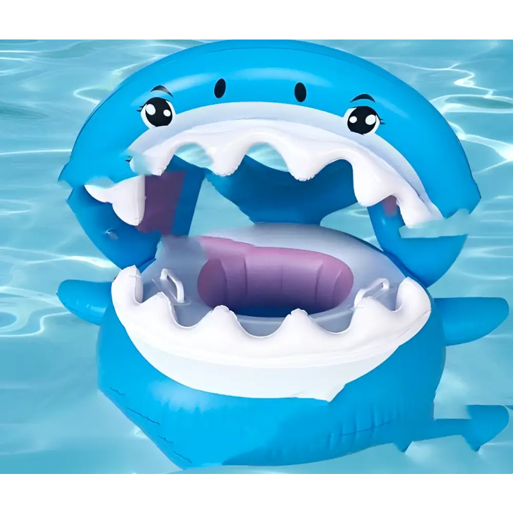 Blue inflatable shark seat swimming ring with white teeth and purple inner seat featuring a protective awning