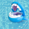 Blue inflatable shark seat swimming ring with white teeth and purple interior featuring a protective awning