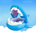 Blue inflatable shark seat swimming ring with purple interior and white teeth designed as a baby pool float