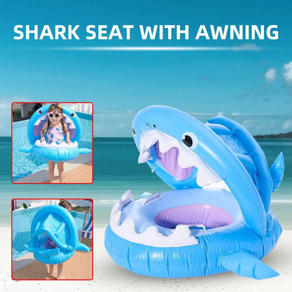 Blue inflatable shark seat swimming ring with awning featuring purple interior and white teeth for water use