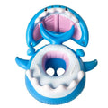 Blue inflatable shark seat swimming ring with pink interior white accents and awning for baby pool use