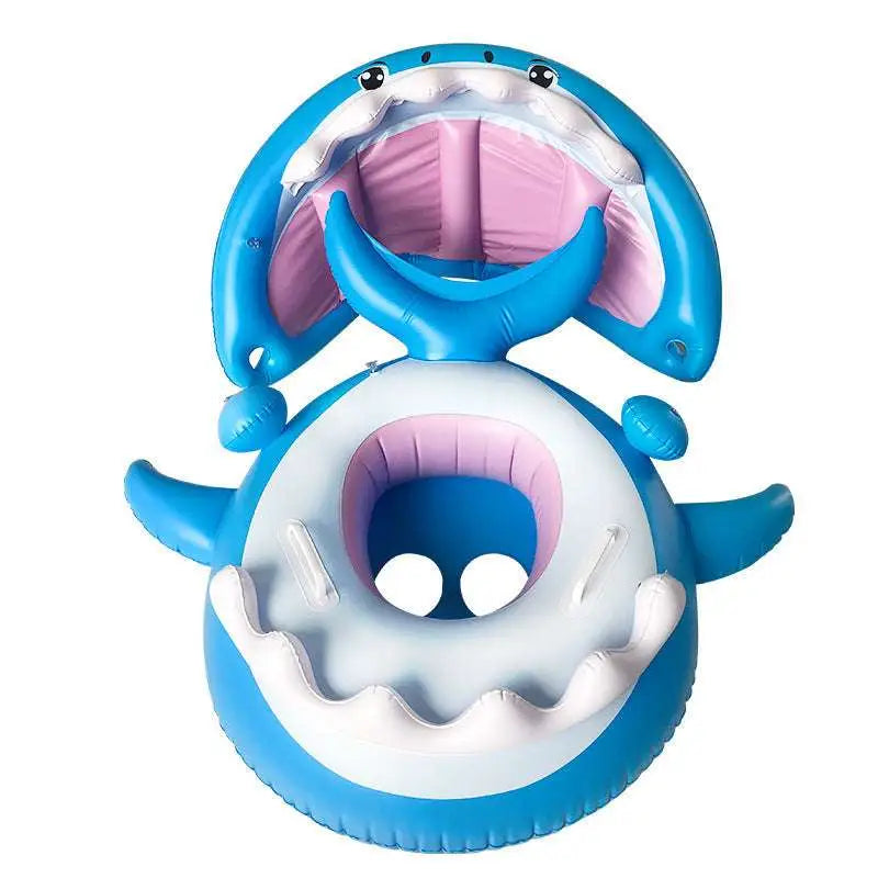 Blue inflatable shark seat swimming ring with pink interior white accents and awning for baby pool use